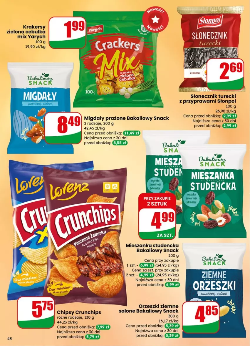 Gazetka promocyjna Dino - Gazetka 15 / 2026 - ważna 08.04 do 14.04.2026 - strona 48 - produkty: Chipsy, Crunchips, Krakersy, Mieszanka studencka, Migdały, Orzeszki, Orzeszki ziemne, Słonecznik turecki, Słonpol