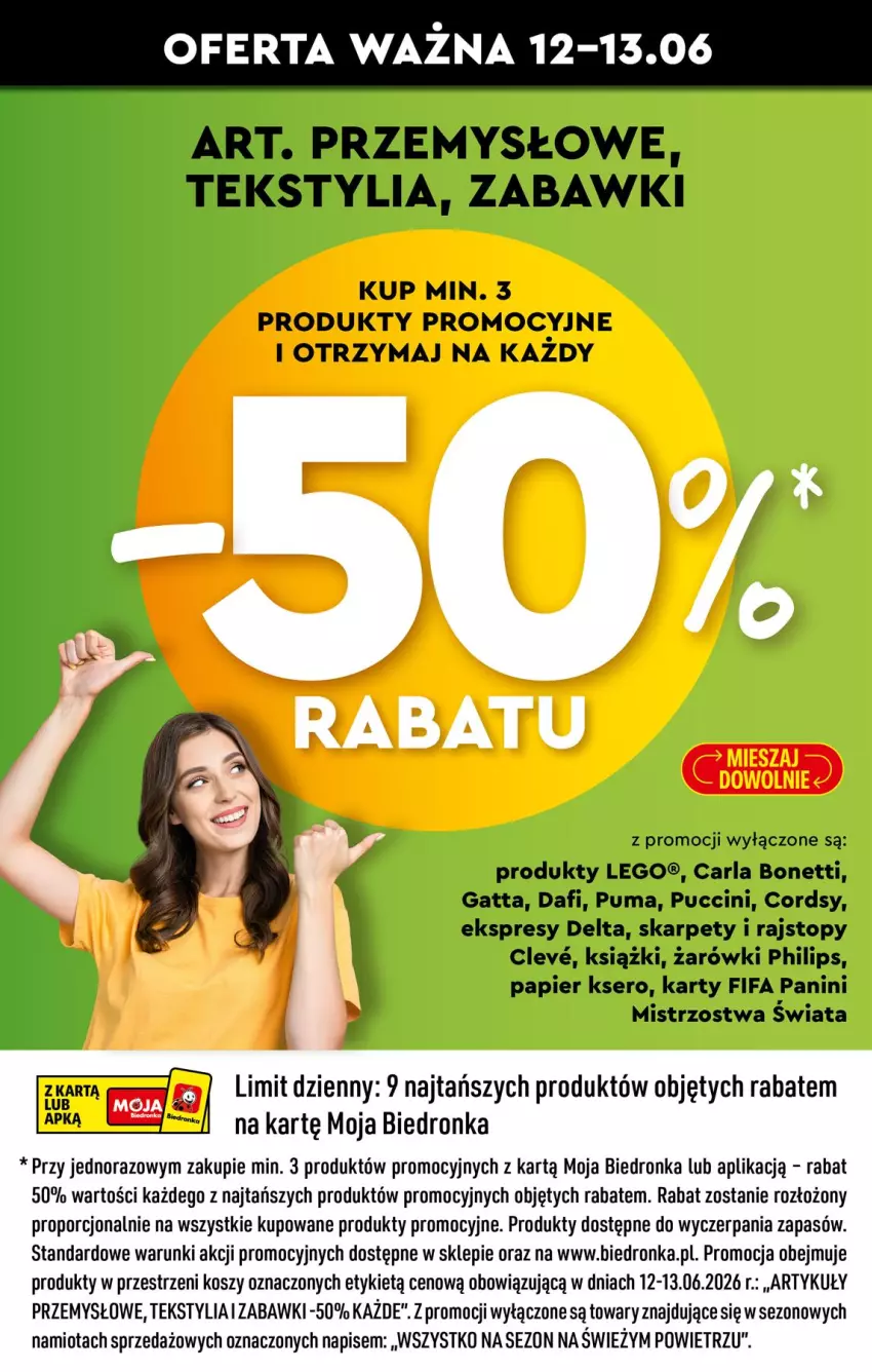 Gazetka promocyjna Biedronka - Okazje Tygodnia - ważna 13.06 do 27.06.2026 - strona 2 - produkty: Fa, Gatta, Karp, Kosz, LEGO, Namiot, Papier, Philips, Por, Puma, Rajstopy, Ser, Top