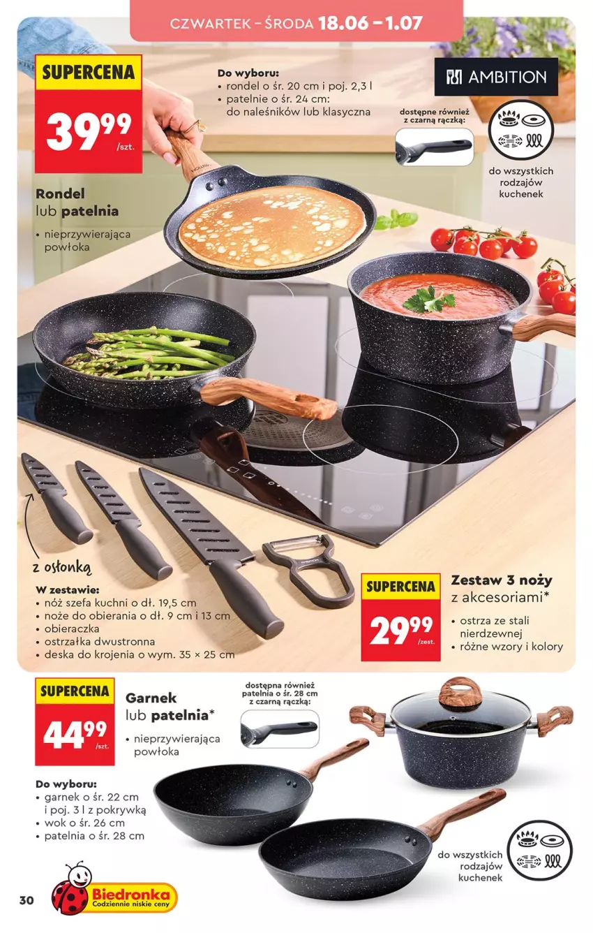 Gazetka promocyjna Biedronka - Okazje Tygodnia - ważna 13.06 do 27.06.2026 - strona 32 - produkty: Deska do krojenia, Fa, Garnek, Noż, Nóż szefa kuchni, Obieraczka, Patelnia, Rondel