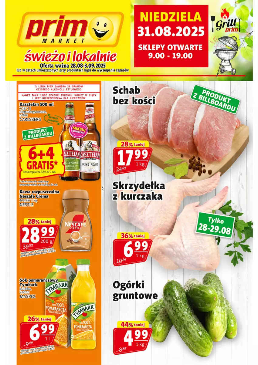 Gazetka promocyjna Prim Market - ważna 28.08 do 03.09.2025 - strona 1 - produkty: Kasztelan, Kawa, Kawa rozpuszczalna, Kurczak, Por, Schab bez kości, Skrzydełka z kurczaka