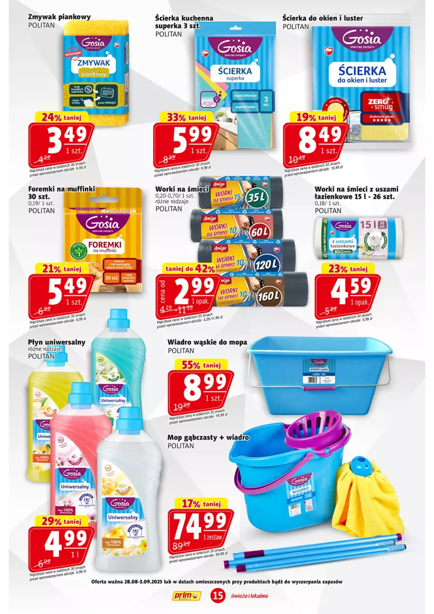 Gazetka promocyjna Prim Market - ważna 28.08 do 03.09.2025 - strona 15 - produkty: Foremki, Mop, Muffinki, Wiadro, Worki na śmiec, Worki na śmieci