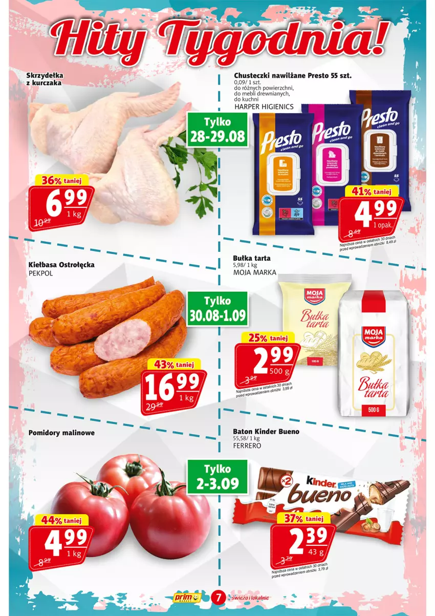 Gazetka promocyjna Prim Market - ważna 28.08 do 03.09.2025 - strona 7 - produkty: Baton, Bułka, Bułka tarta, Chusteczki, Ferrero, Kiełbasa, Kinder, Kinder Bueno, Kurczak, Pekpol, Presto, Tarta