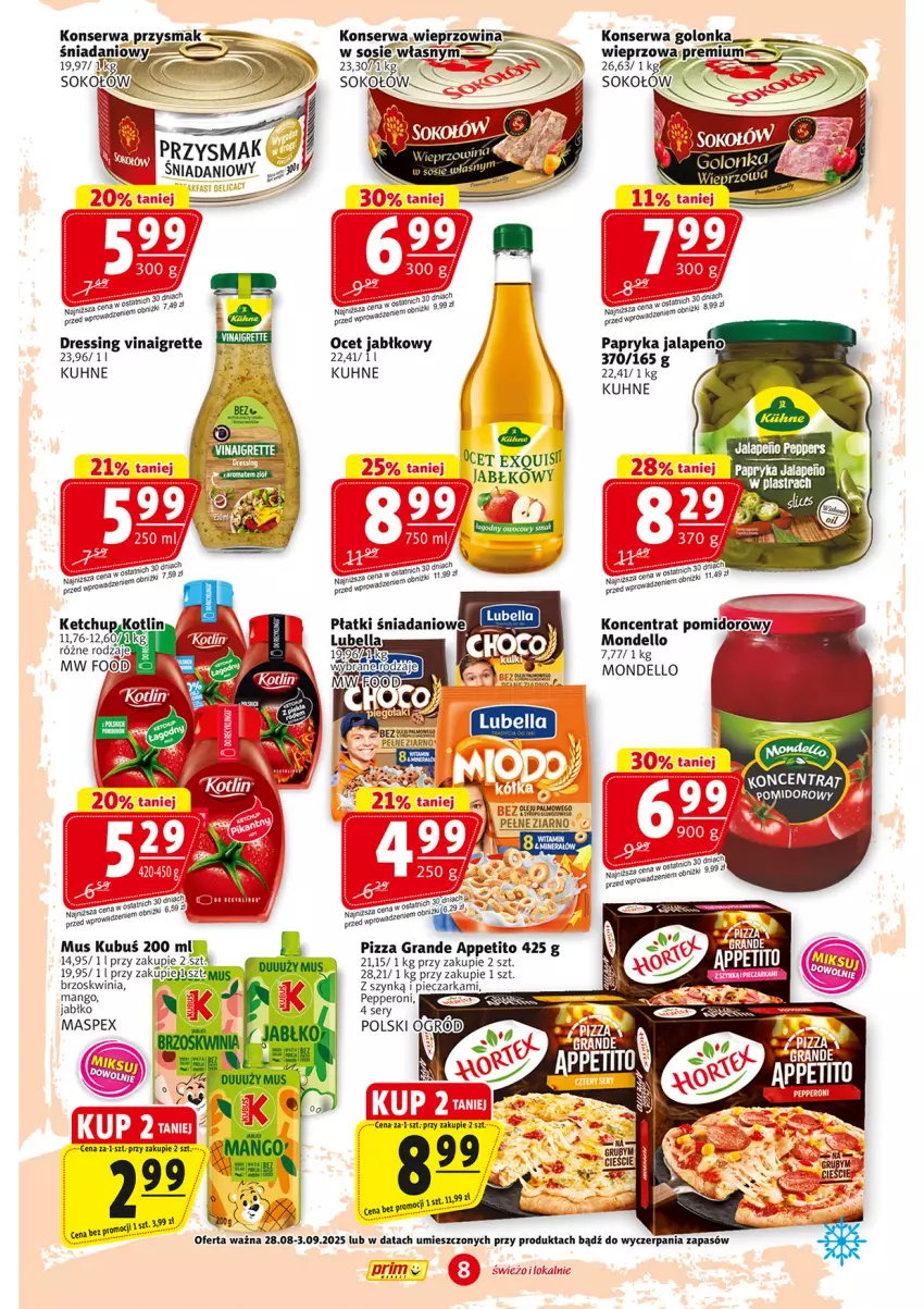 Gazetka promocyjna Prim Market - ważna 28.08 do 03.09.2025 - strona 8 - produkty: Danio, Dell, Dres, Gra, Koncentrat pomidorowy, Kubuś, LG, Mango, Mus, Ocet, Papryka, Piec, Pieczarka, Pizza, Ser, Sok, Sokołów, Sos, Wieprzowina