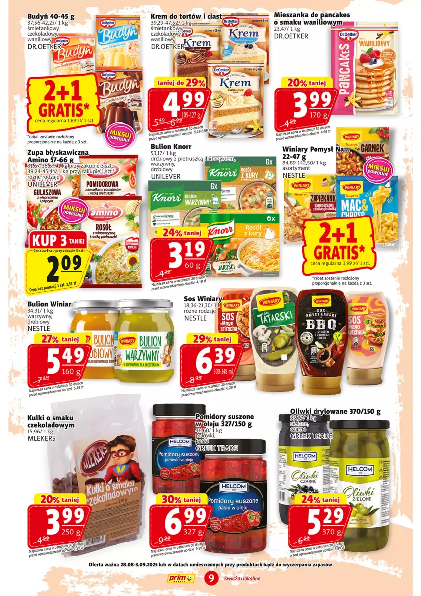 Gazetka promocyjna Prim Market - ważna 28.08 do 03.09.2025 - strona 9 - produkty: Bezy, Budyń, Bulion, Dr. Oetker, Garnek, Knorr, Krem do tortów, Lion, Oliwa, Oliwki, Por, Rosół, Sos, Wieprzowina, Winiary