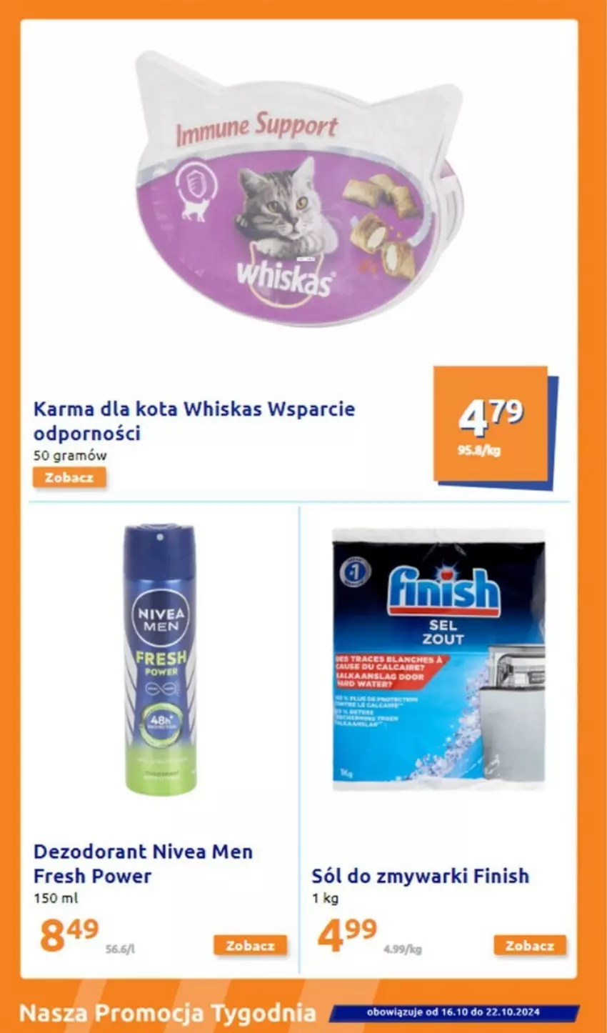 Gazetka promocyjna Action - ważna 16.10 do 22.10.2024 - strona 16 - produkty: Dezodorant, Finish, Gra, Nivea, Nivea Men, Por, Sól, Whiskas, Zmywarki