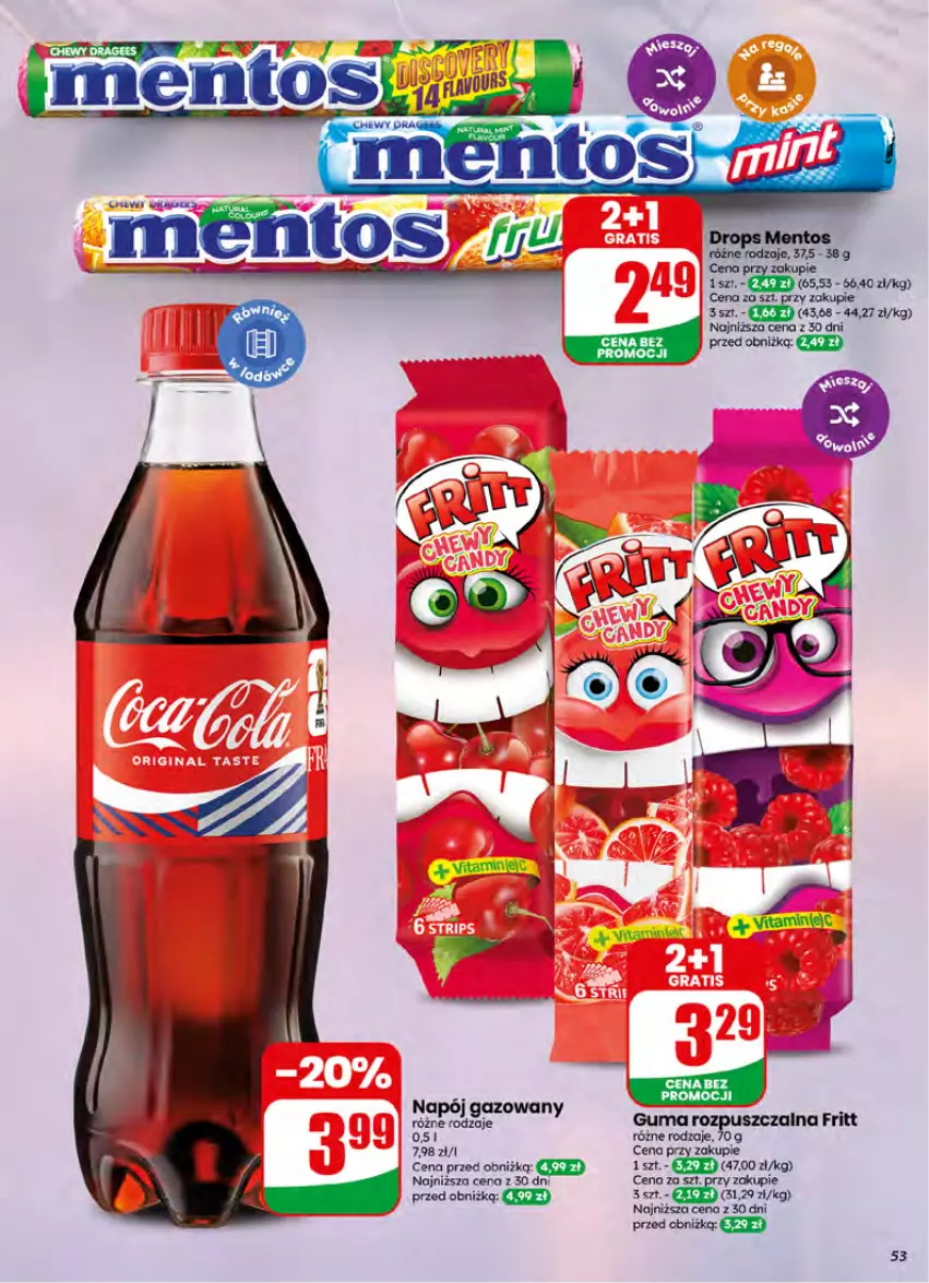 Gazetka promocyjna Dino - Gazetka 26 / 2026 - ważna 24.06 do 30.06.2026 - strona 53 - produkty: Guma rozpuszczalna, Mentos, Napój, Napój gazowany