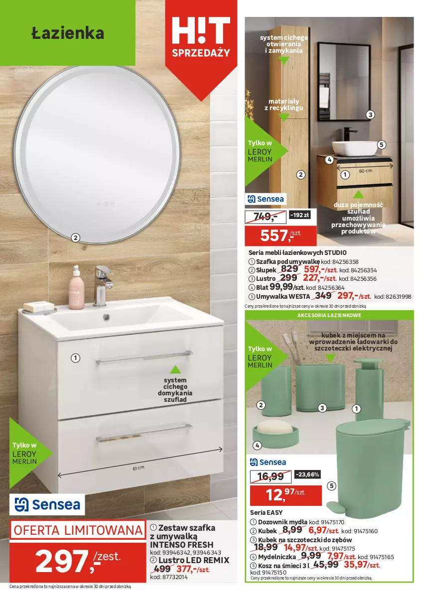 Gazetka promocyjna Leroy Merlin - Gazetka Leroy Merlin - ważna 28.01 do 24.02.2026 - strona 10 - produkty: Dozownik, Dozownik mydła, Grzejnik, Grzejnik łazienkowy, Kosz, Kubek, Kubek na szczoteczki do zębów, Lustro, Lustro LED, Mydelniczka, Por, Ser, Słupek, Szafka, Szafka pod umywalkę, Umywalka