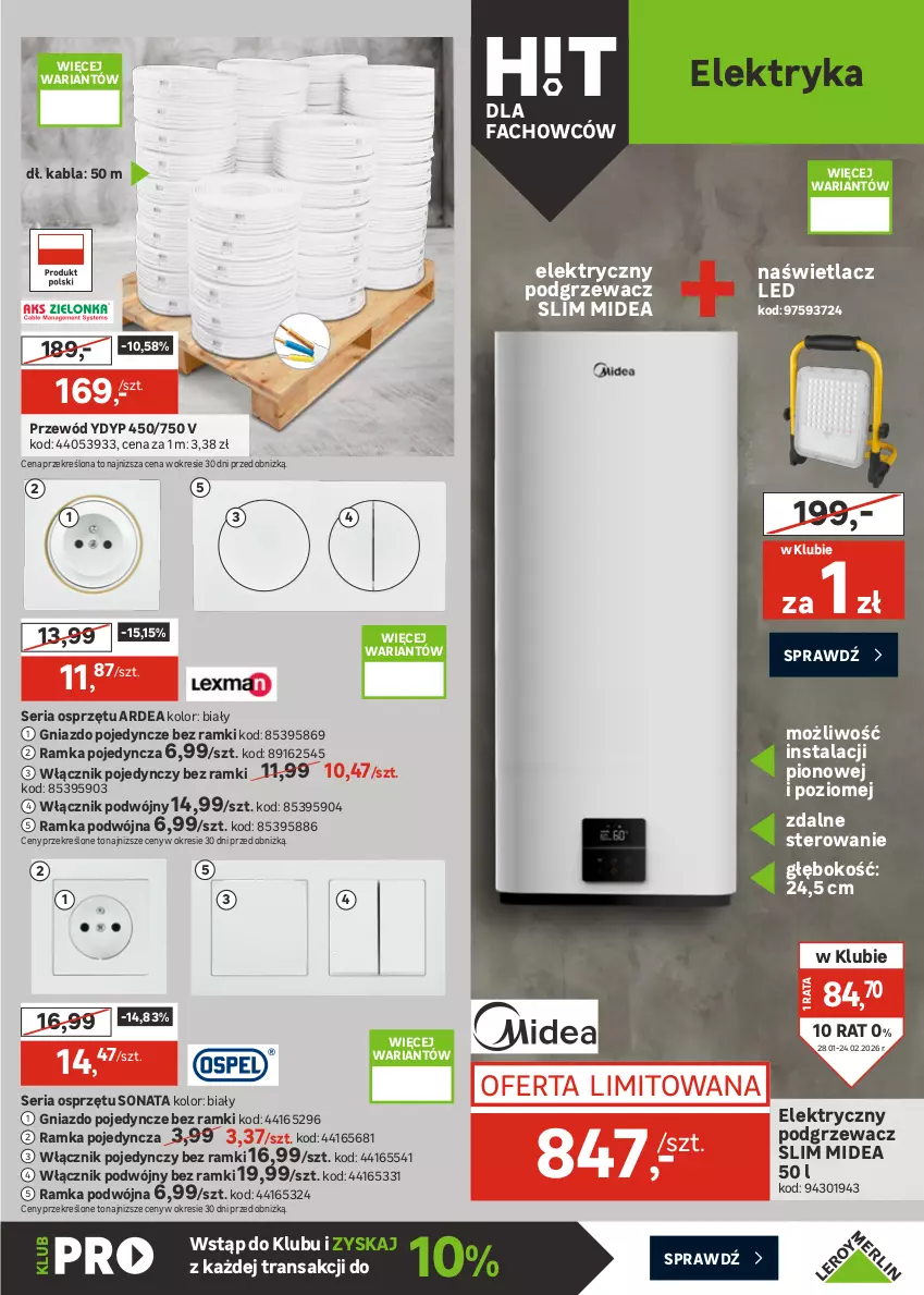 Gazetka promocyjna Leroy Merlin - Gazetka Leroy Merlin - ważna 28.01 do 24.02.2026 - strona 25 - produkty: Fa, Gniazdo pojedyncze, Gra, Naświetlacz, Naświetlacz LED, Plafon, Przewód, Ramka, Reflektor, Ser, Tran, Włącznik podwójny, Włącznik pojedynczy