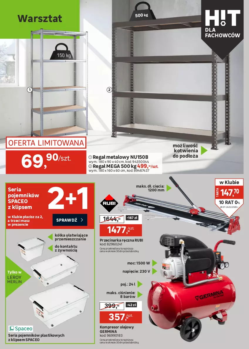 Gazetka promocyjna Leroy Merlin - Gazetka Leroy Merlin - ważna 28.01 do 24.02.2026 - strona 28 - produkty: Akumulator, Fa, Kompresor, Kompresor olejowy, Makita, Młot, Młotowiertarka, Olej, Pojemnik, Przecinarka, Regał, Regał metalowy, Ser, Szlifierka, Szlifierka kątowa, Tarka, Wiertarka, Wkręt, Wkrętarka