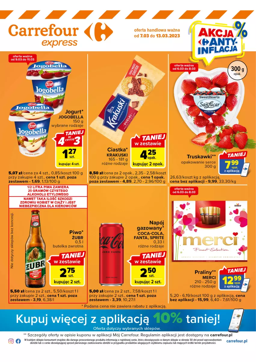 Gazetka promocyjna Carrefour - Gazetka Express - ważna 07.03 do 13.03.2023 - strona 1 - produkty: Bell, Bella, Ciastka, Coca-Cola, Fa, Fanta, Jogobella, Kosz, Krakus, Krakuski, Merci, Napój, Piwo, Praliny, Sprite, Truskawki