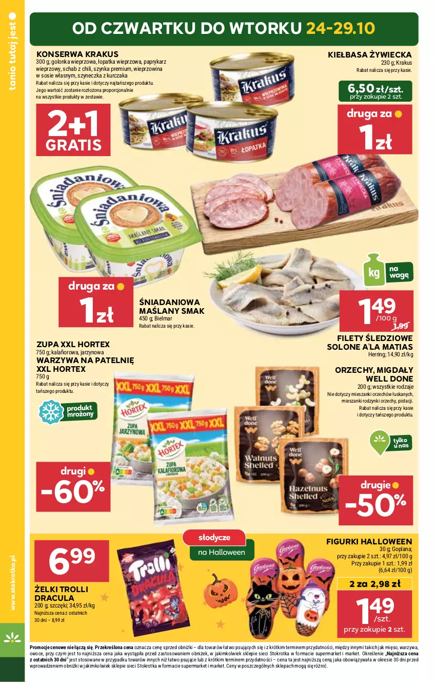 Gazetka promocyjna Stokrotka - Market Opole/Radom - ważna 24.10 do 29.10.2024 - strona 4 - produkty: Danio, Golonka wieprzowa, Goplana, Gra, Hortex, Kiełbasa, Krakus, Kurczak, LANA, Mięso, Migdały, Owoce, Papryka, Paprykarz, Por, Rodzynki, Ser, Sos, Szynka, Szynka premium, Warzywa, Wieprzowina, Zupa