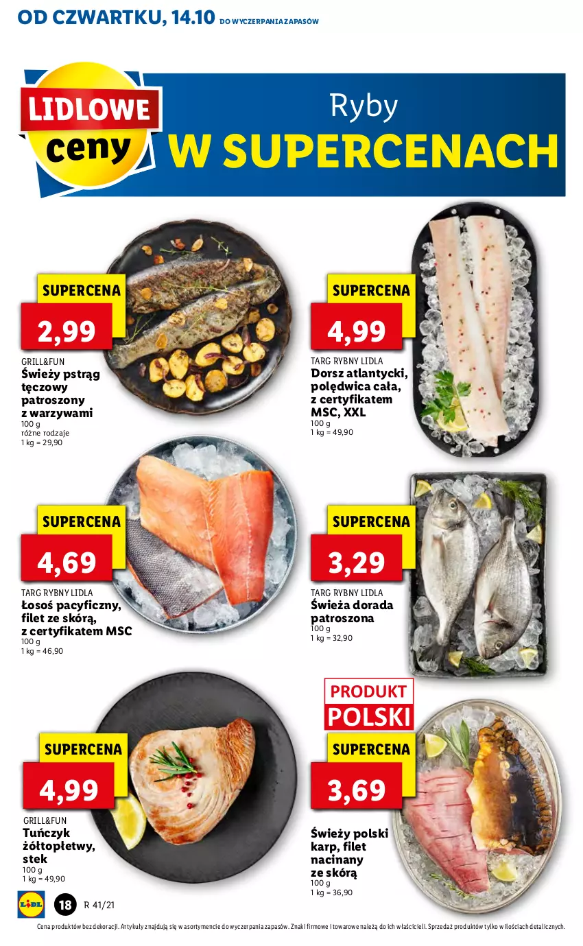 Gazetka promocyjna Lidl - GAZETKA - ważna 14.10 do 17.10.2021 - strona 18 - produkty: Dorsz, Grill, Karp, Polędwica, Pstrąg, Pstrąg tęczowy, Stek, Top, Tuńczyk, Warzywa