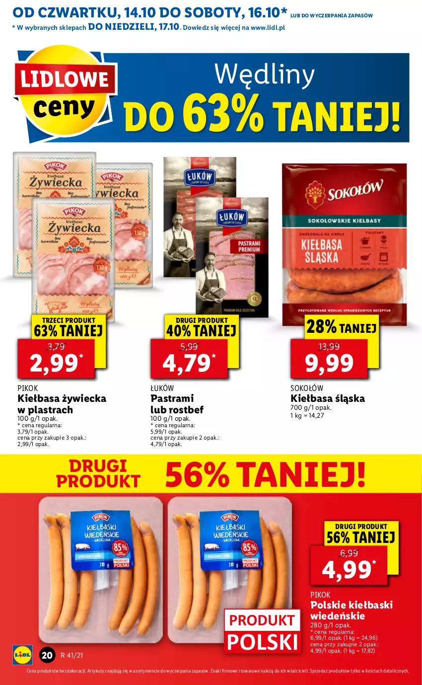 Gazetka promocyjna Lidl - GAZETKA - ważna 14.10 do 17.10.2021 - strona 20 - produkty: Kiełbasa, Kiełbasa śląska, PIKOK, Rostbef, Sok, Sokołów