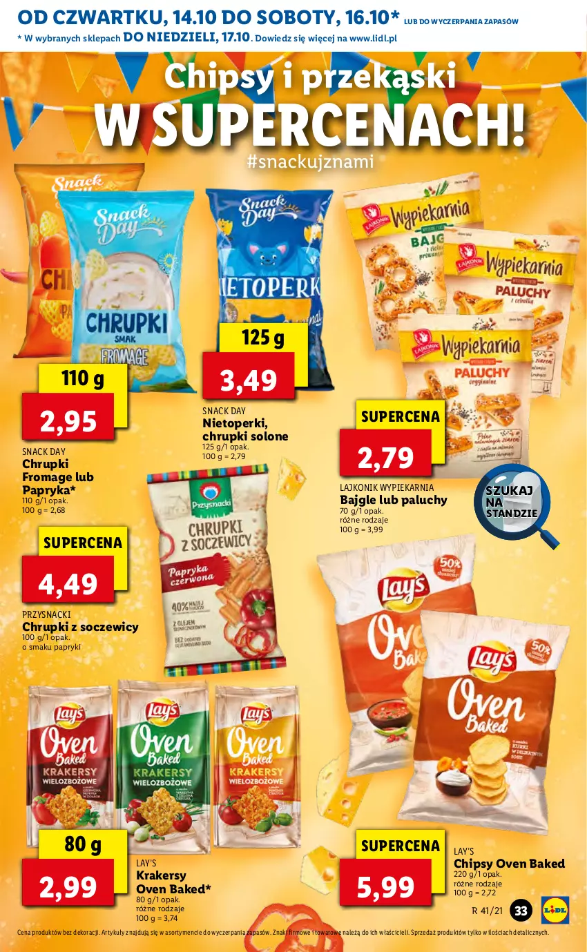 Gazetka promocyjna Lidl - GAZETKA - ważna 14.10 do 17.10.2021 - strona 33 - produkty: Bajgle, Chipsy, Chrupki, Krakersy, Lajkonik, Lay’s, Papryka, Przysnacki, Top