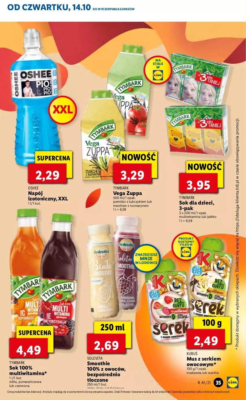 Gazetka promocyjna Lidl - GAZETKA - ważna 14.10 do 17.10.2021 - strona 35 - produkty: Dzieci, Kubuś, Mus, Napój, Napój izotoniczny, Oshee, Ser, Smoothie, Sok, Tymbark