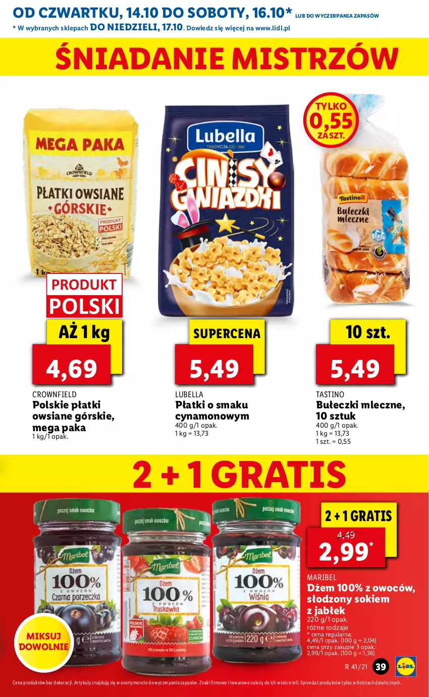 Gazetka promocyjna Lidl - GAZETKA - ważna 14.10 do 17.10.2021 - strona 39 - produkty: Bell, Bella, Bułeczki, Bułeczki mleczne, Dżem, Gra, Lubella, Płatki owsiane, Sok