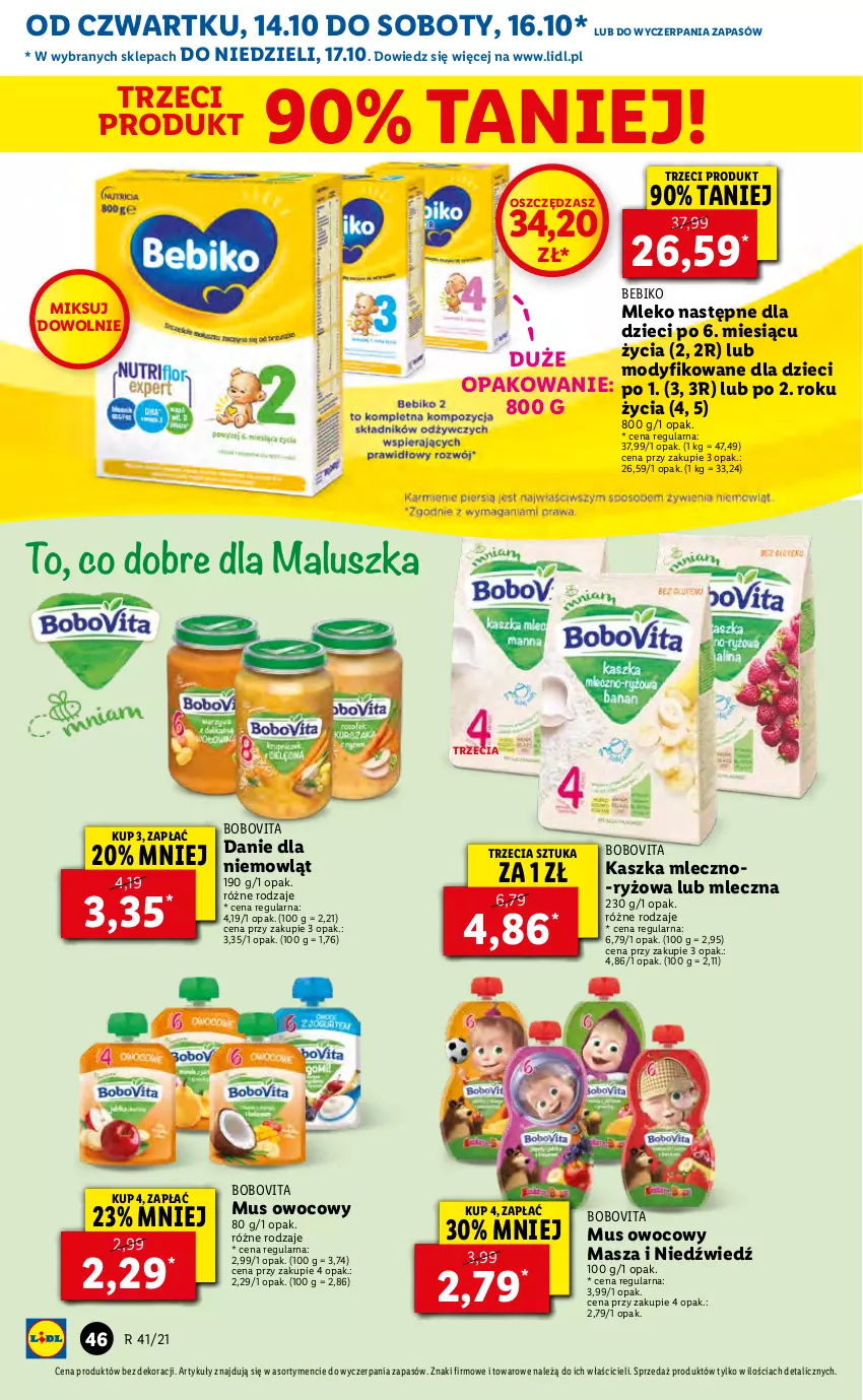 Gazetka promocyjna Lidl - GAZETKA - ważna 14.10 do 17.10.2021 - strona 46 - produkty: Bebiko, BoboVita, Dzieci, Masza i Niedźwiedź, Mleko, Mus, O nas, Ryż