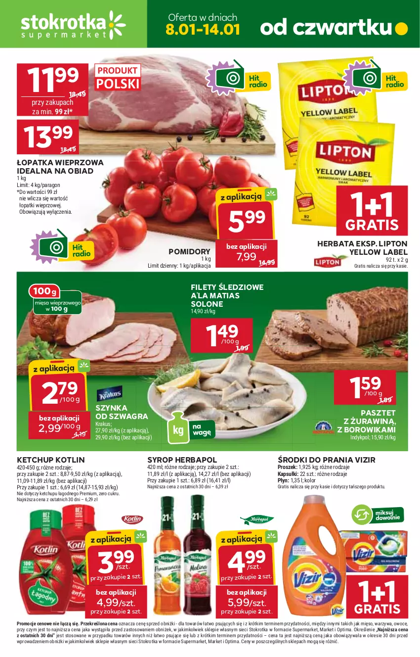 Gazetka promocyjna Stokrotka - Supermarket - ważna 08.01 do 14.01.2026 - strona 1 - produkty: Gra, Herbapol, Herbata, Ketchup, Kotlin, Krakus, Lipton, Mięso, Optima, Owoce, Pasztet, Pomidory, Syrop, Szynka, Vizir, Warzywa