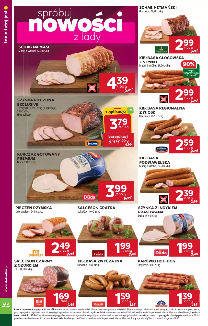 Gazetka promocyjna Stokrotka - Supermarket - ważna 08.01 do 14.01.2026 - strona 10 - produkty: Duda, Gra, Kiełbasa, Kiełbasa głogowska, Kiełbasa podwawelska, Kurczak, Kurczak gotowany, Mięso, Olewnik, Optima, Owoce, Parówki, Piec, Pieczeń rzymska, Salceson, Sok, Sokołów, Szynka, Tarczyński, Warzywa, Wawel