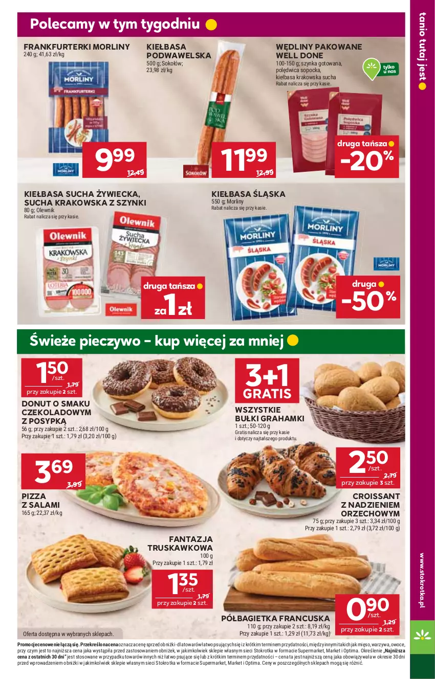 Gazetka promocyjna Stokrotka - Supermarket - ważna 08.01 do 14.01.2026 - strona 11 - produkty: Bagietka, Croissant, Donut, Fa, Fanta, Frankfurterki, Gra, Kiełbasa, Kiełbasa krakowska, Kiełbasa podwawelska, Kiełbasa śląska, Mięso, Morliny, Olewnik, Optima, Owoce, Piec, Pieczywo, Pizza, Półbagietka, Polędwica, Salami, Sok, Sokołów, Szynka, Warzywa, Wawel