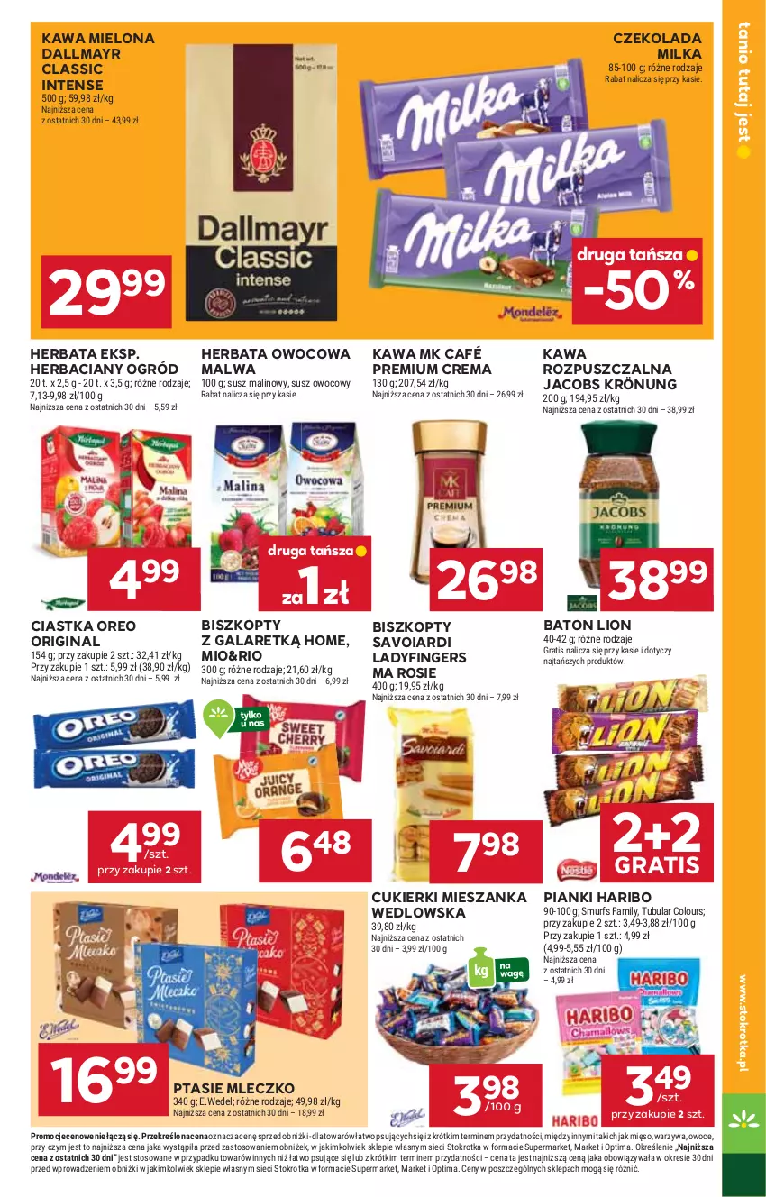 Gazetka promocyjna Stokrotka - Supermarket - ważna 08.01 do 14.01.2026 - strona 13 - produkty: Baton, Biszkopty, Ciastka, Cukier, Cukierki, Czekolada, Dallmayr, Fa, Gala, Gin, Gra, Haribo, Herbata, Herbata owocowa, Jacobs, Jacobs Krönung, Kawa, Kawa mielona, Kawa rozpuszczalna, Lion, Mięso, Mieszanka wedlowska, Milka, Mleczko, Ogród, Optima, Oreo, Owoce, Ptasie mleczko, Rosie, Warzywa