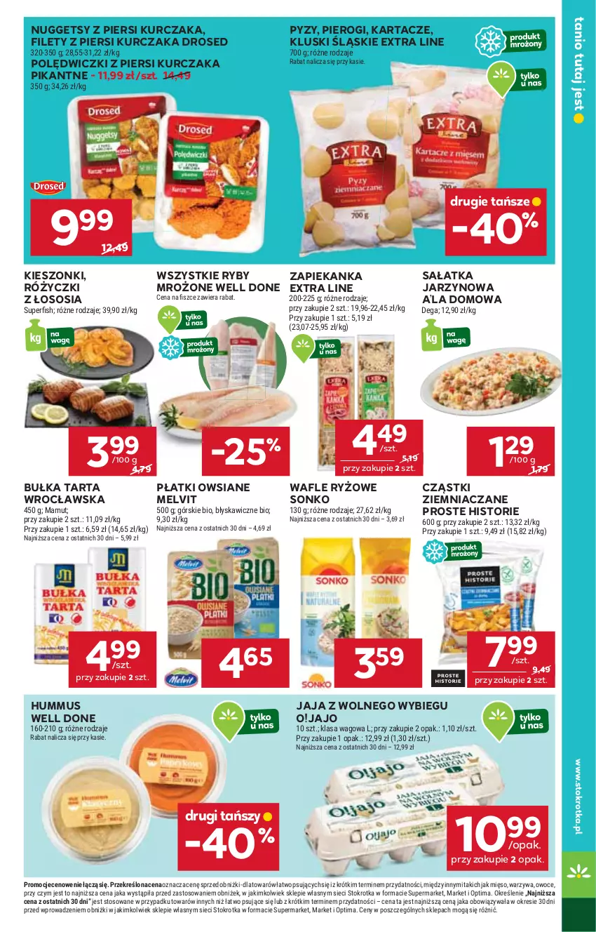 Gazetka promocyjna Stokrotka - Supermarket - ważna 08.01 do 14.01.2026 - strona 15 - produkty: Bułka, Bułka tarta, Dega, Hummus, Jaja, Jaja z wolnego wybiegu, Kurczak, Melvit, Mięso, Mus, Optima, Owoce, Pierogi, Płatki owsiane, Ryż, Sałat, Sałatka, Sonko, Sos, Tarta, Wafle, Warzywa, Zapiekanka