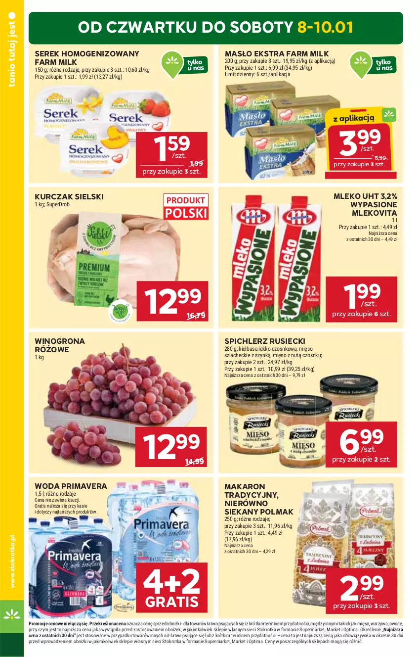 Gazetka promocyjna Stokrotka - Supermarket - ważna 08.01 do 14.01.2026 - strona 2 - produkty: Fa, Farm Milk, Gra, Kiełbasa, Kurczak, Makaron, Masło, Mięso, Mleko, Mlekovita, Olma, Optima, Owoce, Prima, Primavera, Ser, Serek, Serek homogenizowany, Spichlerz Rusiecki, Warzywa, Wino, Winogrona, Woda