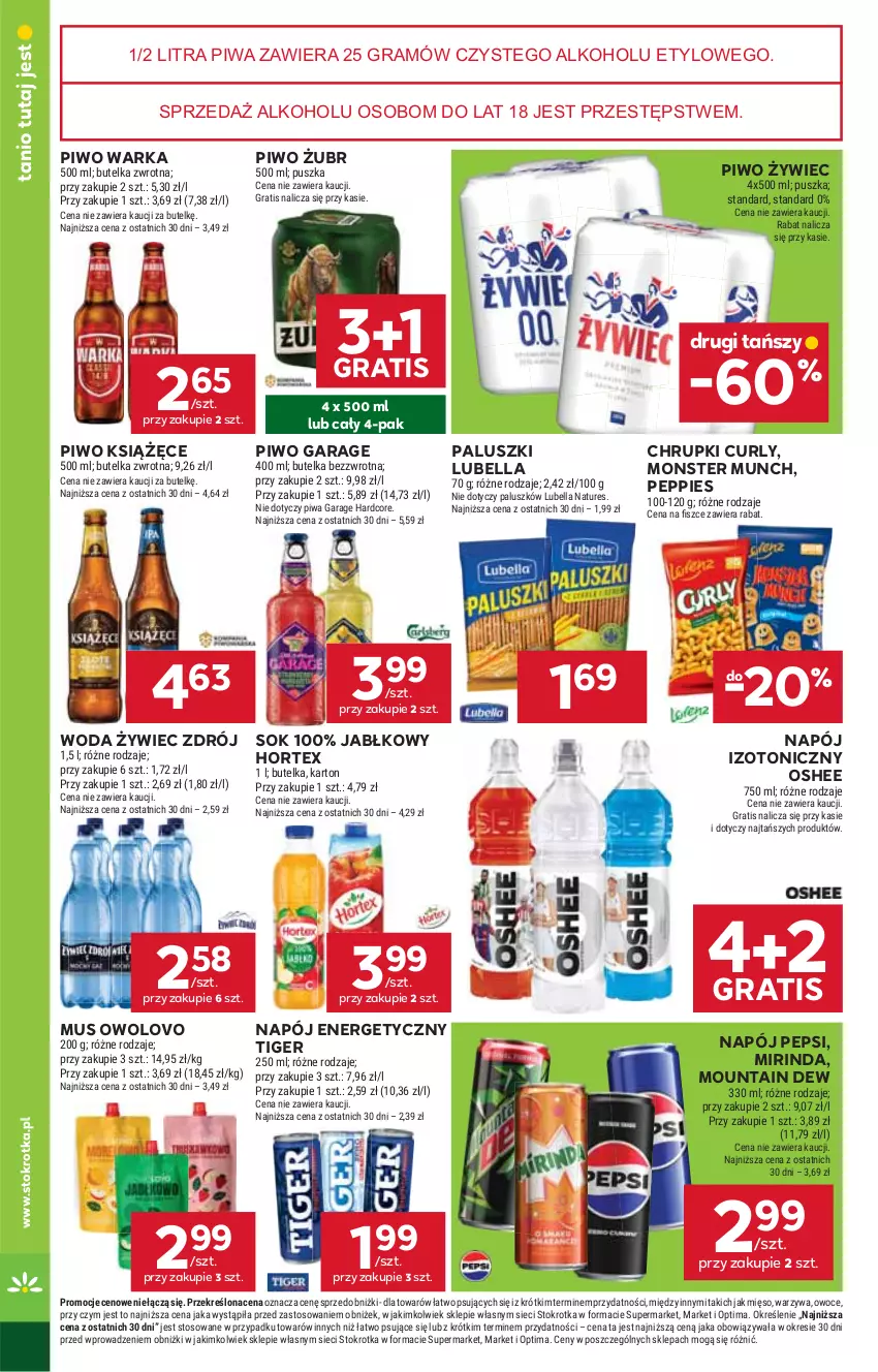 Gazetka promocyjna Stokrotka - Supermarket - ważna 08.01 do 14.01.2026 - strona 24 - produkty: Bell, Bella, Chrupki, Gra, Hortex, Książęce, Lubella, Mięso, Mirinda, Monster Munch, Mus, Napój, Napój energetyczny, Napój izotoniczny, Optima, Oshee, Owoce, Pepsi, Piwa, Piwo, Sok, Tiger, Warka, Warzywa, Woda