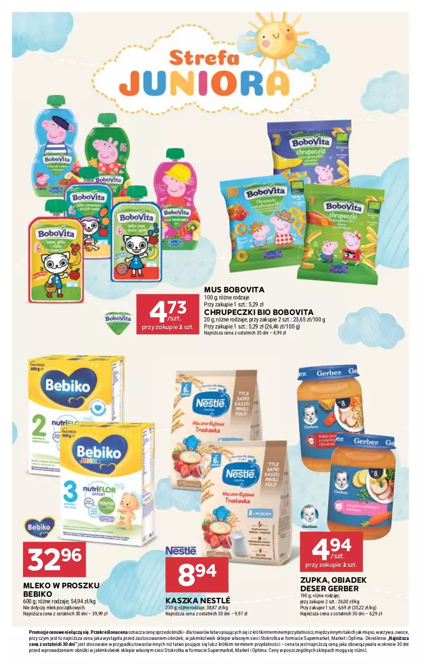 Gazetka promocyjna Stokrotka - Supermarket - ważna 08.01 do 14.01.2026 - strona 28 - produkty: Bebiko, BoboVita, Deser, Gerber, Mięso, Mleko, Mleko w proszku, Mus, Nestlé, Optima, Owoce, Ser, Warzywa