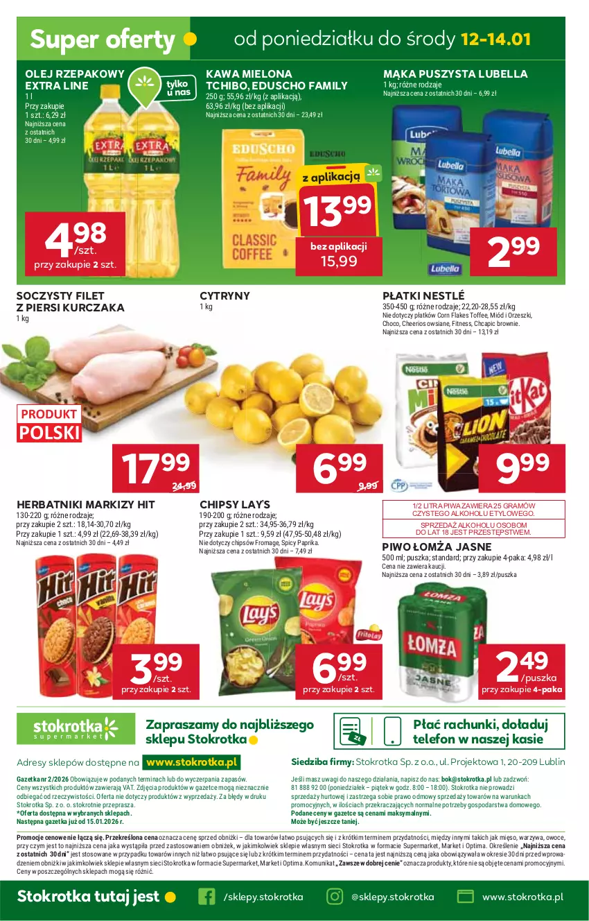Gazetka promocyjna Stokrotka - Supermarket - ważna 08.01 do 14.01.2026 - strona 30 - produkty: Bell, Bella, Brownie, Cheerios, Chipsy, Corn flakes, Cytryny, Dres, Fa, Filet z piersi kurczaka, Gra, Herbatniki, JBL, Kawa, Kawa mielona, Kurczak, Lay’s, Lubella, Mąka, Mięso, Miód, Nestlé, O nas, Olej, Olej rzepakowy, Optima, Orzeszki, Owoce, Piwa, Piwo, Tchibo, Telefon, Wagi, Warzywa