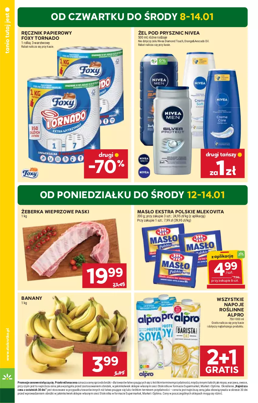 Gazetka promocyjna Stokrotka - Supermarket - ważna 08.01 do 14.01.2026 - strona 4 - produkty: Alpro, Avocado, Banany, Foxy, Gra, Masło, Mięso, Mleko, Mlekovita, Napoje, Nivea, Optima, Owoce, Papier, Ręcznik, Warzywa