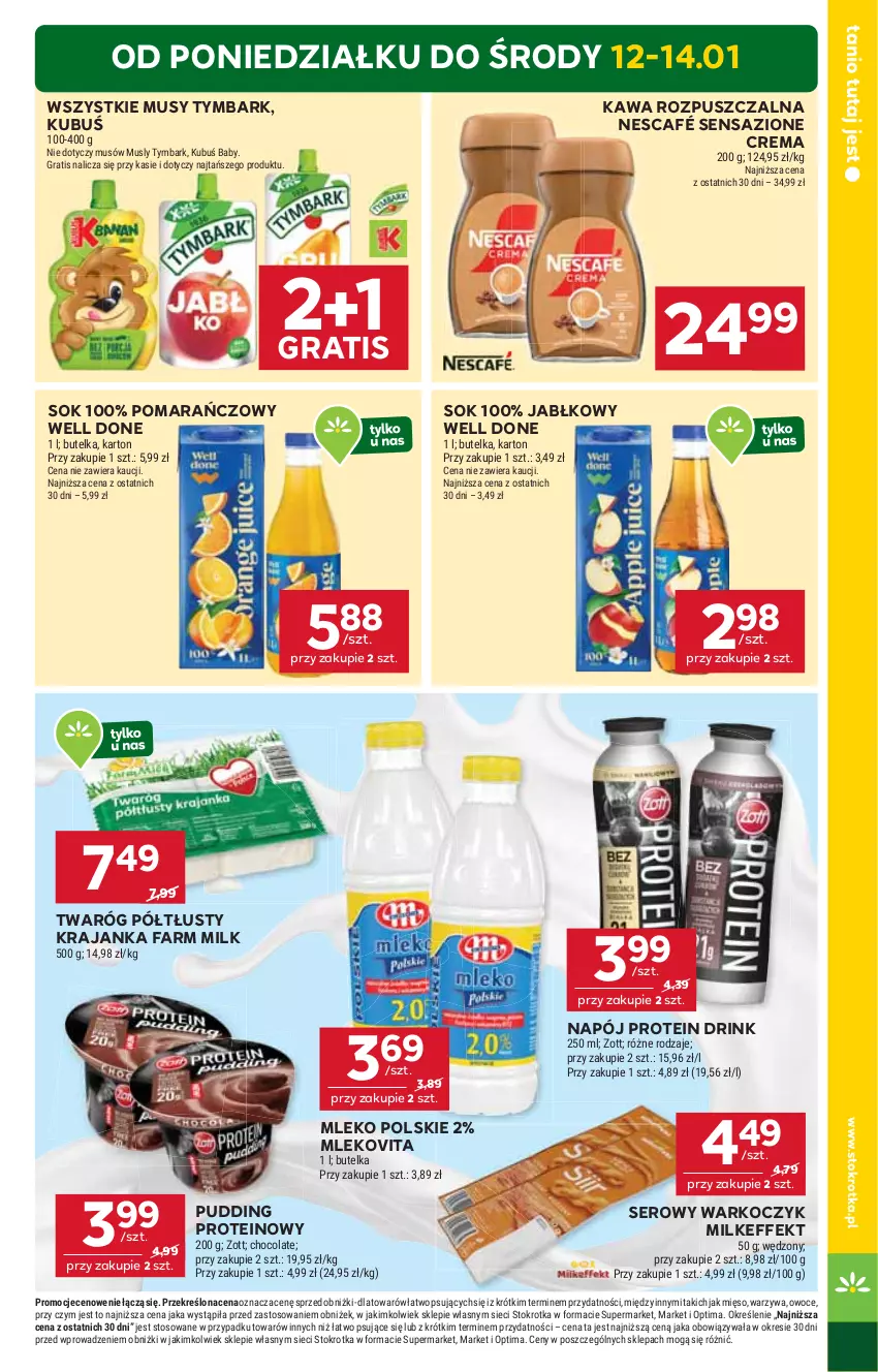 Gazetka promocyjna Stokrotka - Supermarket - ważna 08.01 do 14.01.2026 - strona 5 - produkty: Fa, Farm Milk, Gra, Kawa, Kawa rozpuszczalna, Koc, Kubuś, Mięso, Mleko, Mlekovita, Mus, Napój, Nescafé, Optima, Owoce, Pudding, Ser, Sok, Twaróg, Twaróg półtłusty, Tymbark, Warzywa, Zott