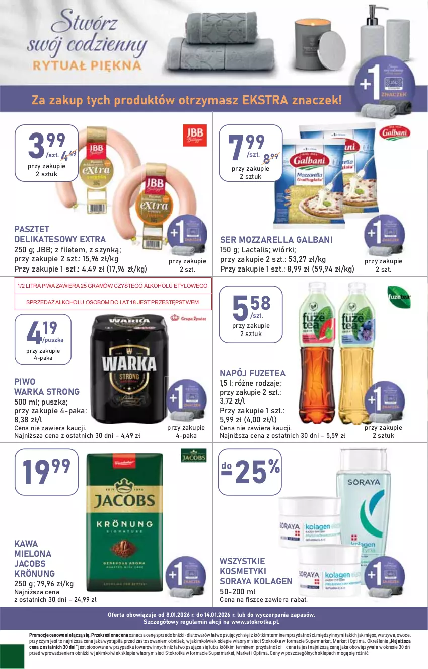 Gazetka promocyjna Stokrotka - Supermarket - ważna 08.01 do 14.01.2026 - strona 8 - produkty: Galbani, Gra, Jacobs, Jacobs Krönung, Kawa, Kawa mielona, Kolagen, Mięso, Mozzarella, Napój, Optima, Owoce, Pasztet, Piwa, Piwo, Ser, Warka, Warzywa