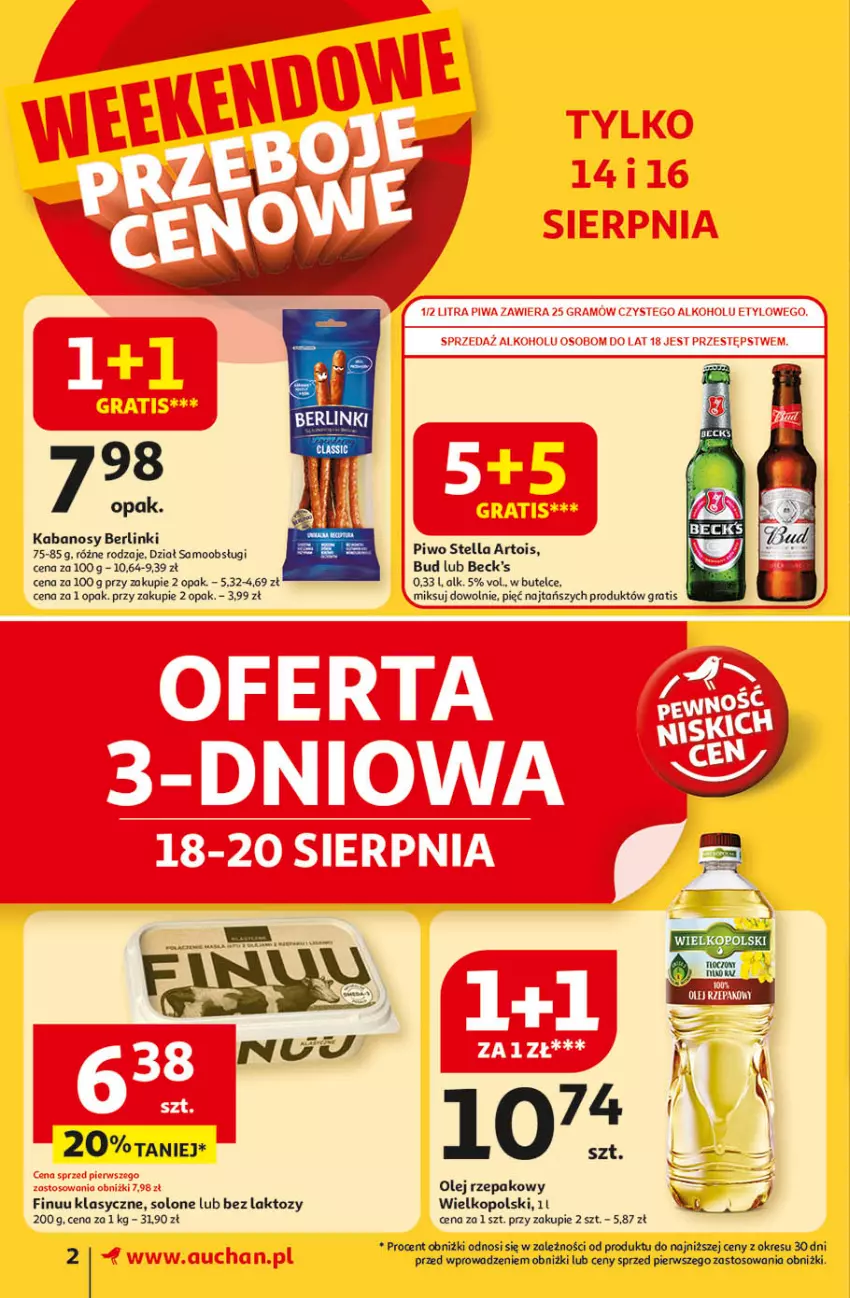 Gazetka promocyjna Auchan - Odlotowe ceny na start szkoły Supermarket - ważna 14.08 do 20.08.2025 - strona 2 - produkty: Berlinki, Finuu, Gra, Kabanos, Olej, Olej rzepakowy, Piwo