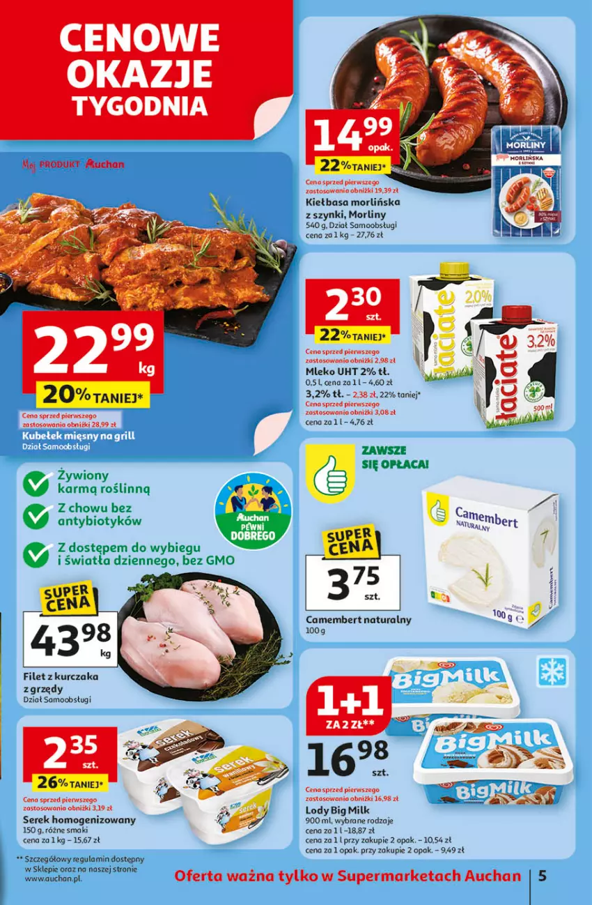 Gazetka promocyjna Auchan - Odlotowe ceny na start szkoły Supermarket - ważna 14.08 do 20.08.2025 - strona 5 - produkty: Big Milk, Camembert, Kiełbasa, Kurczak, Lody, Mleko, Morliny, Rura, Ser, Serek, Serek homogenizowany