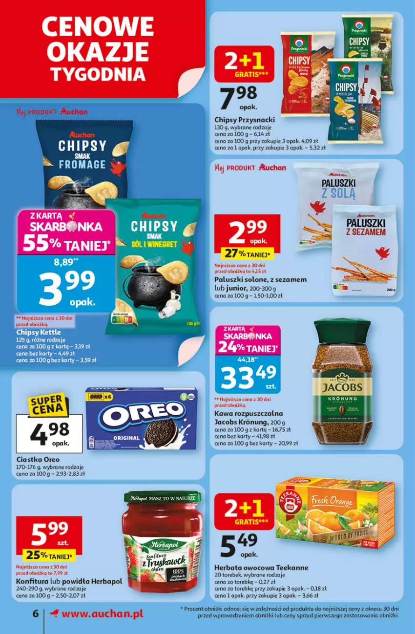 Gazetka promocyjna Auchan - Odlotowe ceny na start szkoły Supermarket - ważna 14.08 do 20.08.2025 - strona 6 - produkty: Chipsy, Ciastka, Gra, Herbapol, Herbata, Herbata owocowa, Jacobs, Kawa, Kawa rozpuszczalna, Konfitura, Oreo, Przysnacki, Sezam, Teekanne