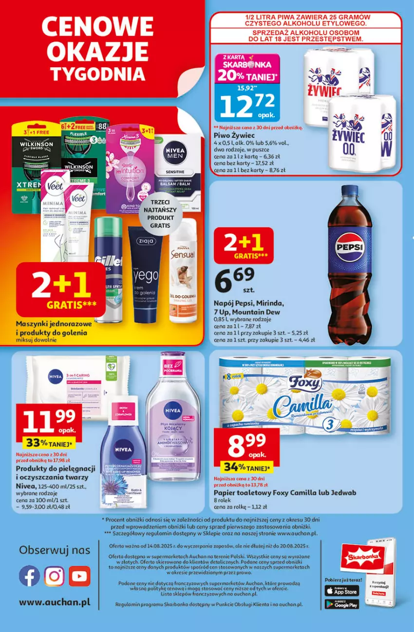 Gazetka promocyjna Auchan - Odlotowe ceny na start szkoły Supermarket - ważna 14.08 do 20.08.2025 - strona 8 - produkty: Foxy, Gra, Mirinda, Napój, Nivea, Papier, Papier toaletowy, Pepsi, Piwa, Piwo, Por, Ser, Tera, Ziaja
