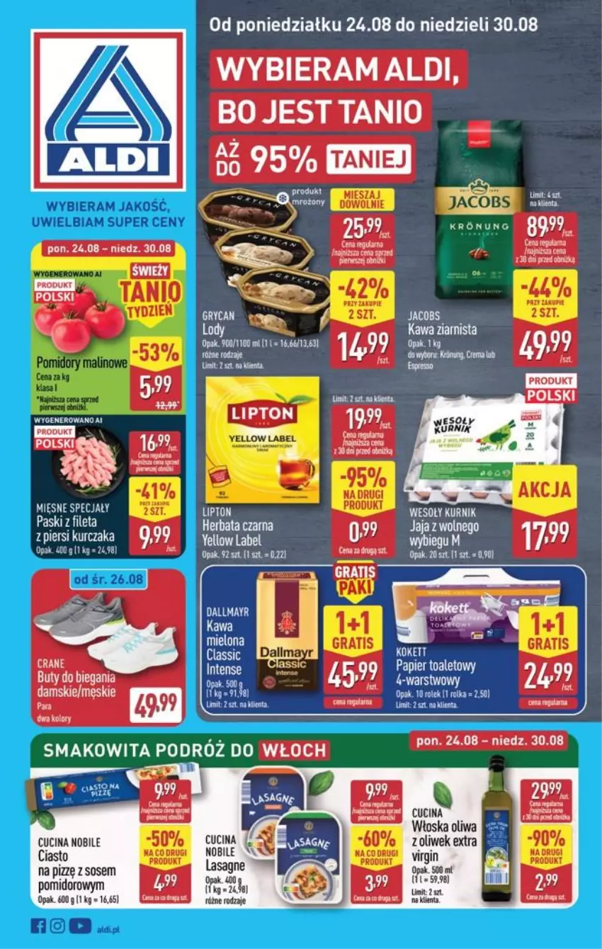 Gazetka promocyjna Aldi - Pełna oferta - ważna 24.08 do 30.08.2026 - strona 1 - produkty: Gin, Herbata, Herbata czarna, Kurczak, LG, Lipton, Oliwa, Smakowita, Sos