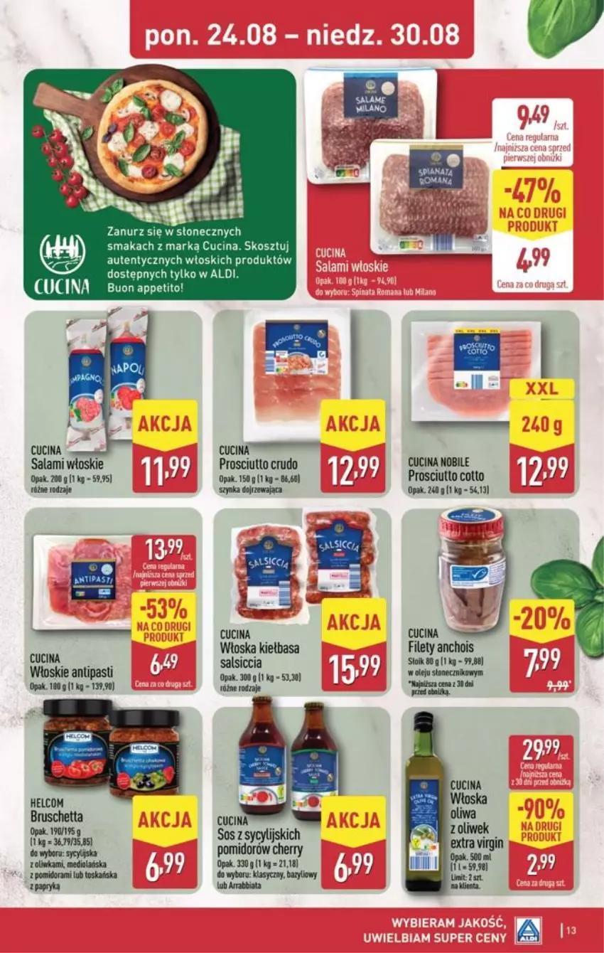 Gazetka promocyjna Aldi - Pełna oferta - ważna 24.08 do 30.08.2026 - strona 13 - produkty: Bazyl, Fa, Gin, HELCOM, Kosz, Olej, Oliwa, Papryka, Prosciutto, Salami, Szynka