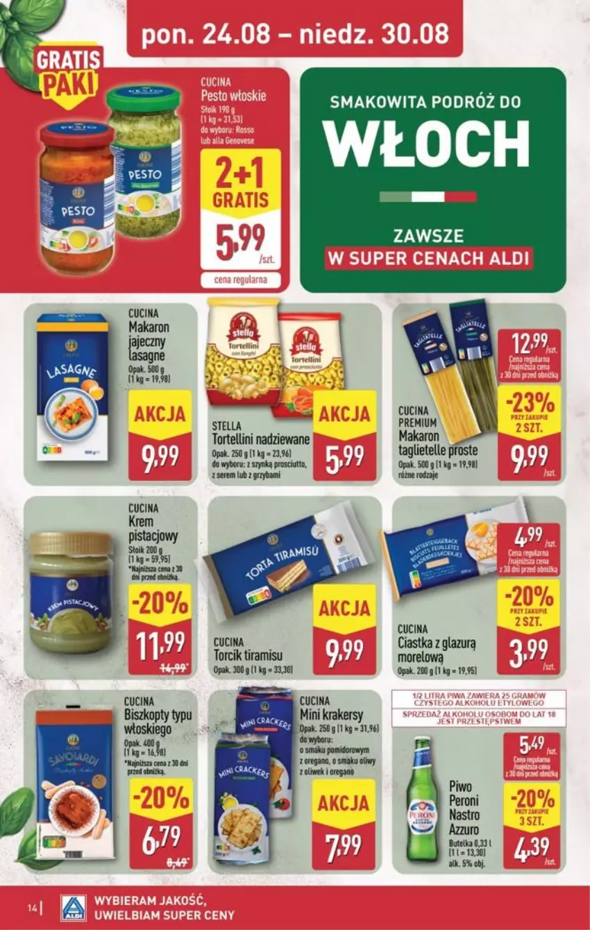 Gazetka promocyjna Aldi - Pełna oferta - ważna 24.08 do 30.08.2026 - strona 14 - produkty: Biszkopty, Ciastka, Krem pistacjowy, Lazur, Makaron, Piwo, Ser, Smakowita