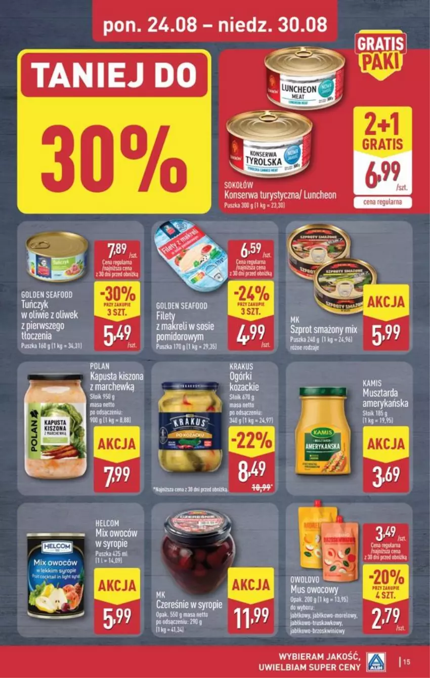 Gazetka promocyjna Aldi - Pełna oferta - ważna 24.08 do 30.08.2026 - strona 15 - produkty: Golden Seafood, HELCOM, Konserwa turystyczna, Mus, Musztarda, Ser, Sok, Sokołów, Sos