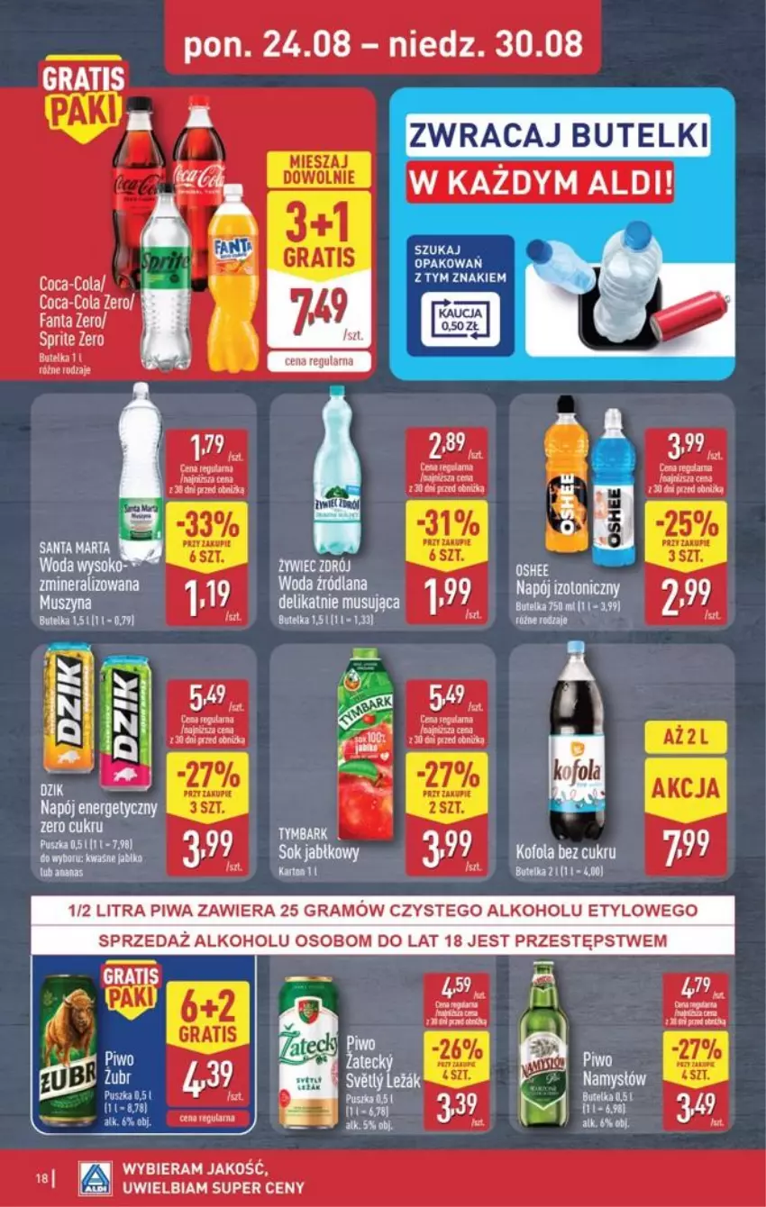 Gazetka promocyjna Aldi - Pełna oferta - ważna 24.08 do 30.08.2026 - strona 18 - produkty: Coca-Cola, Fa, Gra, LANA, Mus, Oshee, Piwa, Sok, Sok jabłkowy, Szyna, Tymbark
