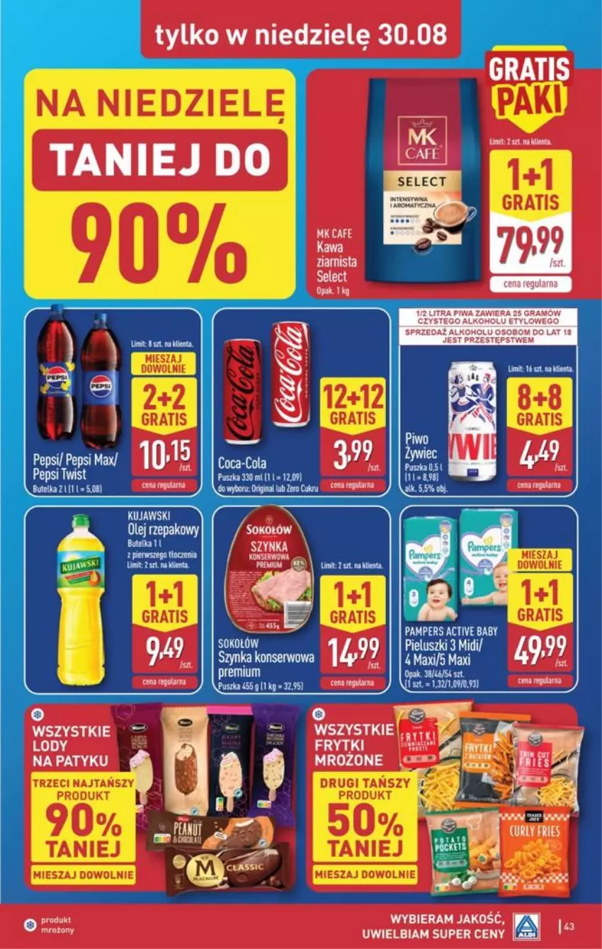 Gazetka promocyjna Aldi - Pełna oferta - ważna 24.08 do 30.08.2026 - strona 43 - produkty: Gra, Kawa, Kawa ziarnista, Olej, Olej rzepakowy, Pampers, Pepsi, Piwa, Ser, Sok, Sokołów, Szynka, Szynka konserwowa