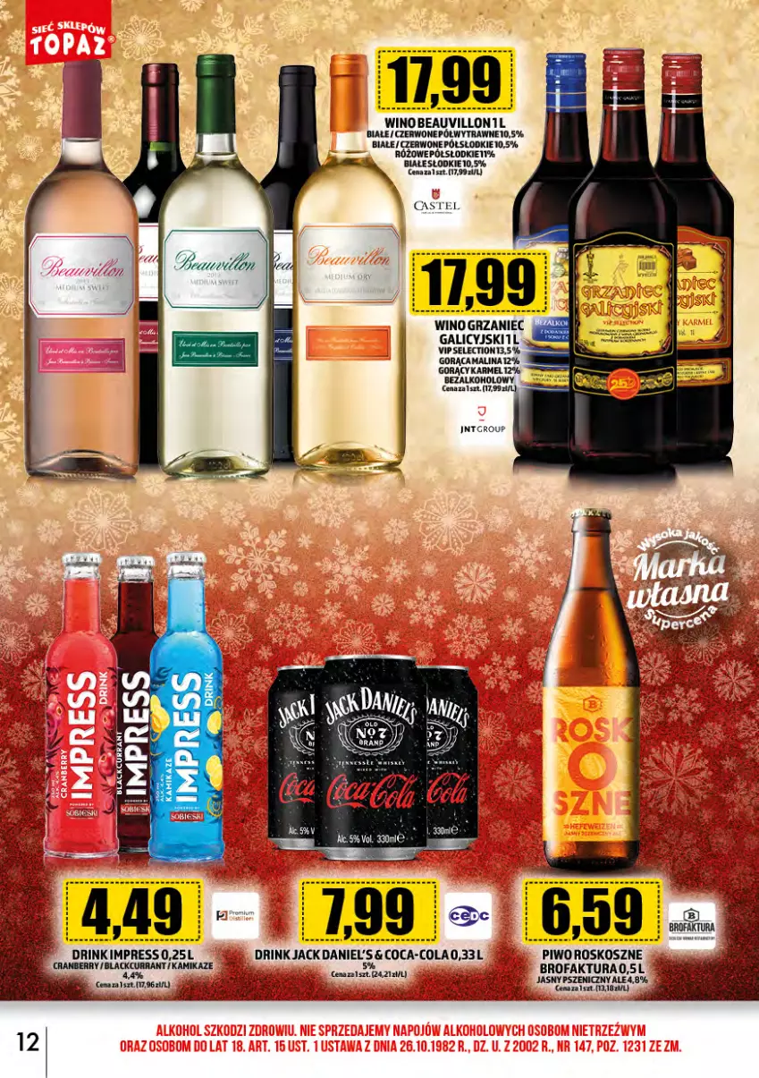 Gazetka promocyjna Topaz - Gazetka - ważna 01.12 do 31.12.2023 - strona 12 - produkty: Coca-Cola, Fa, Grzaniec Galicyjski, Kosz, Lack, LANA, Piwo, Wino