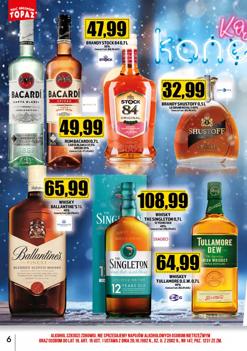 Gazetka promocyjna Topaz - Gazetka - ważna 01.12 do 31.12.2023 - strona 6 - produkty: Bacardi, Ballantine's, Brandy, Gra, Rum, Stock, Whiskey, Whisky
