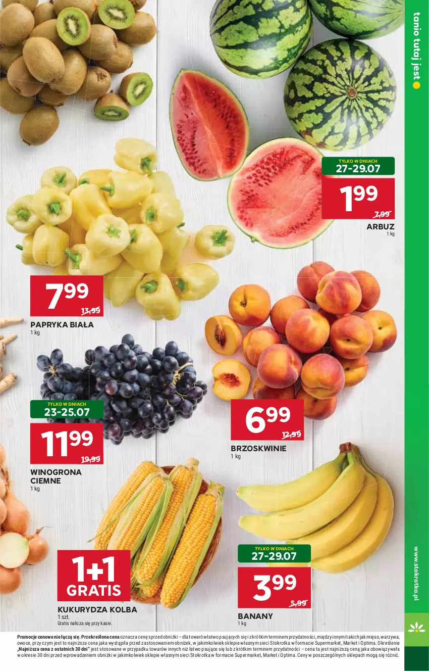 Gazetka promocyjna Stokrotka - Supermarket - ważna 23.07 do 29.07.2026 - strona 15 - produkty: Arbuz, Banany, Brzoskwinie, Gra, Kukurydza, Mięso, Optima, Owoce, Papryka, Papryka biała, Warzywa, Wino, Winogrona