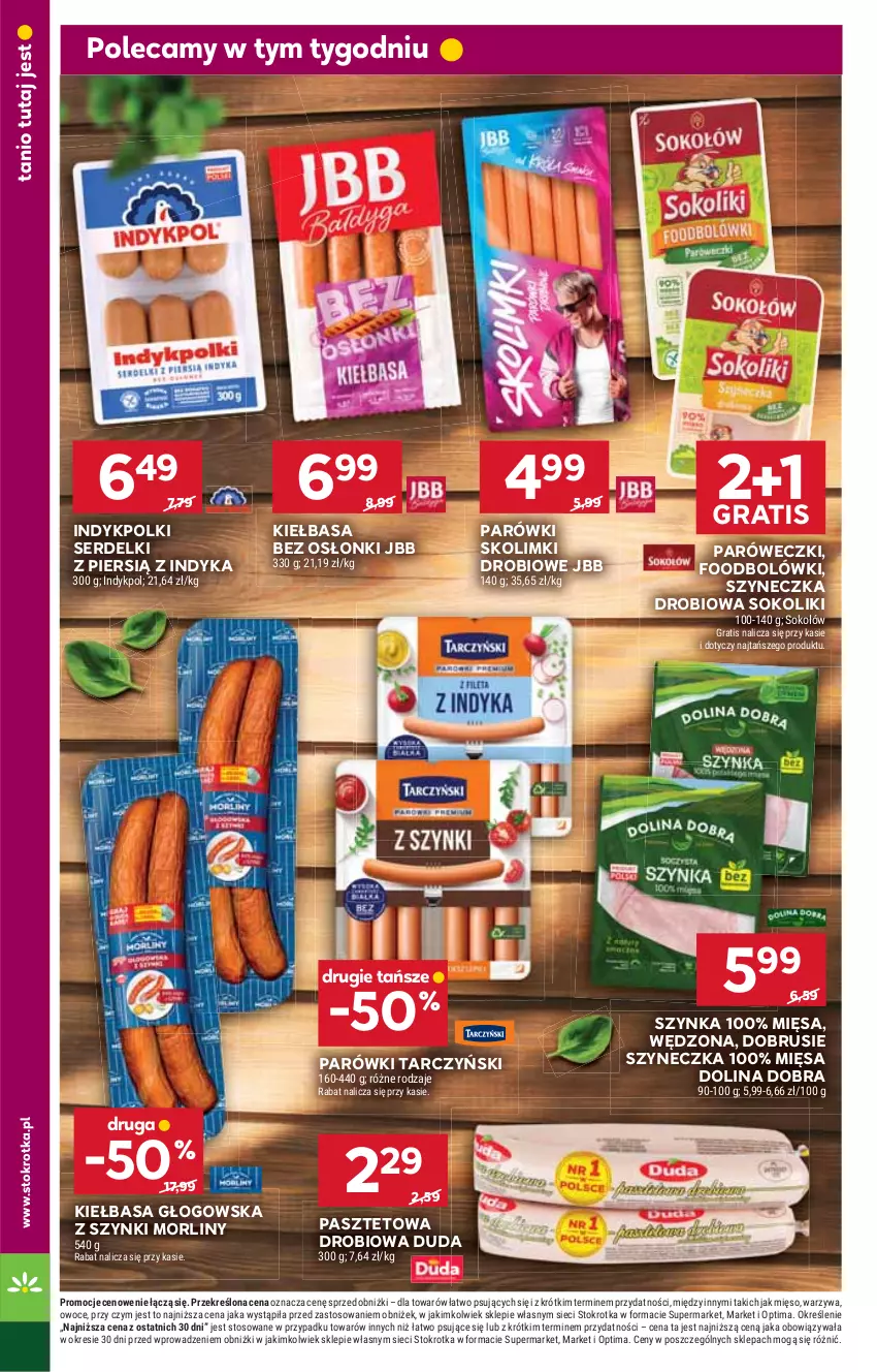Gazetka promocyjna Stokrotka - Supermarket - ważna 23.07 do 29.07.2026 - strona 20 - produkty: Duda, Gra, Kiełbasa, Kiełbasa głogowska, Mięso, Morliny, Obrus, Optima, Owoce, Parówki, Pasztet, Ser, Serdelki, Sok, Sokołów, Szynka, Tarczyński, Warzywa