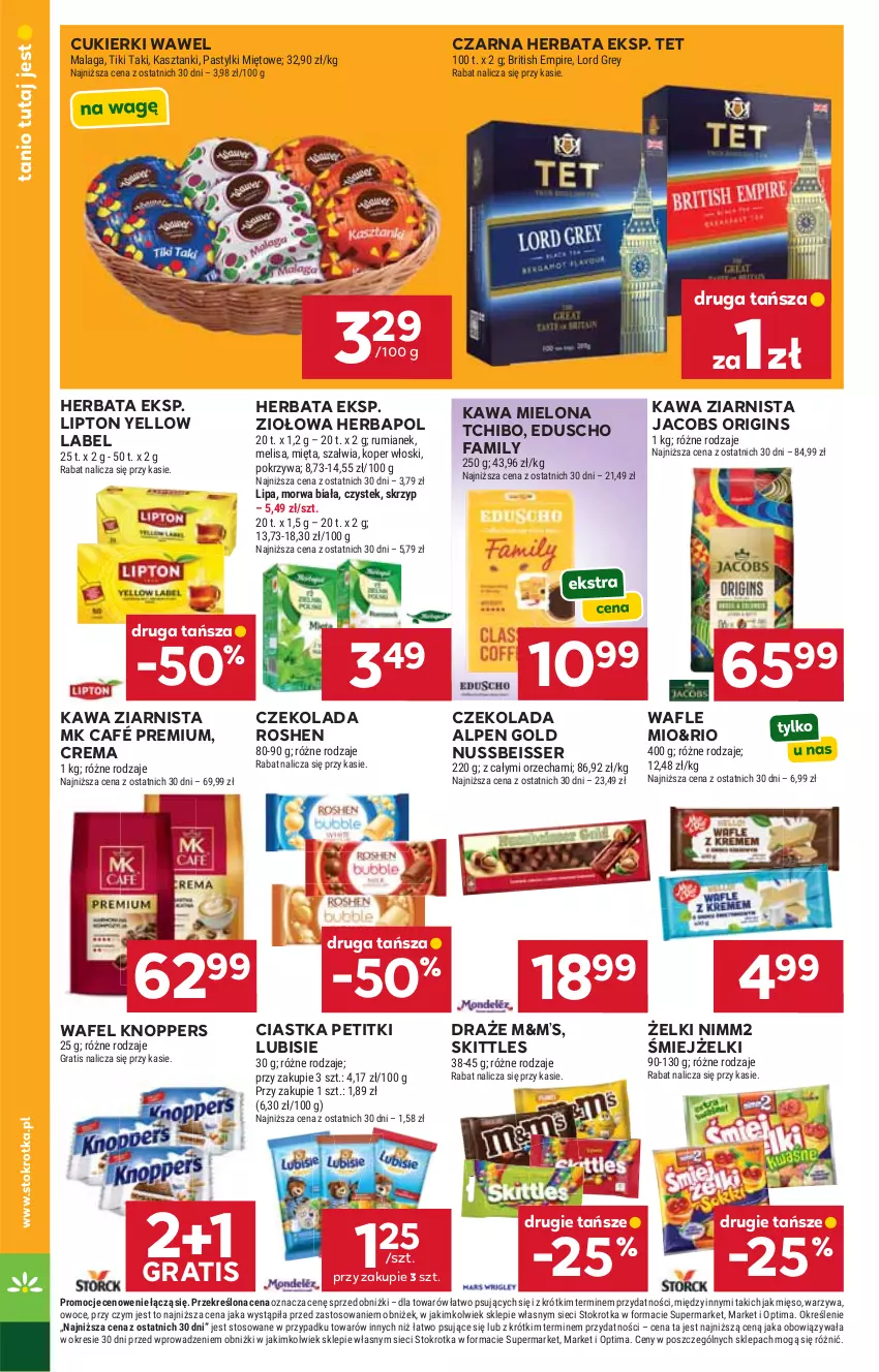 Gazetka promocyjna Stokrotka - Supermarket - ważna 23.07 do 29.07.2026 - strona 32 - produkty: Brit, Ciastka, Cukier, Cukierki, Czekolada, Fa, Gin, Gra, Herbapol, Herbata, Jacobs, Kawa, Kawa mielona, Kawa ziarnista, Knoppers, Koper włoski, Lipton, Lubisie, Mięso, Mięta, Nimm2, Optima, Owoce, Pastylki, Rum, Ser, Stek, Tchibo, Wafle, Warzywa, Wawel