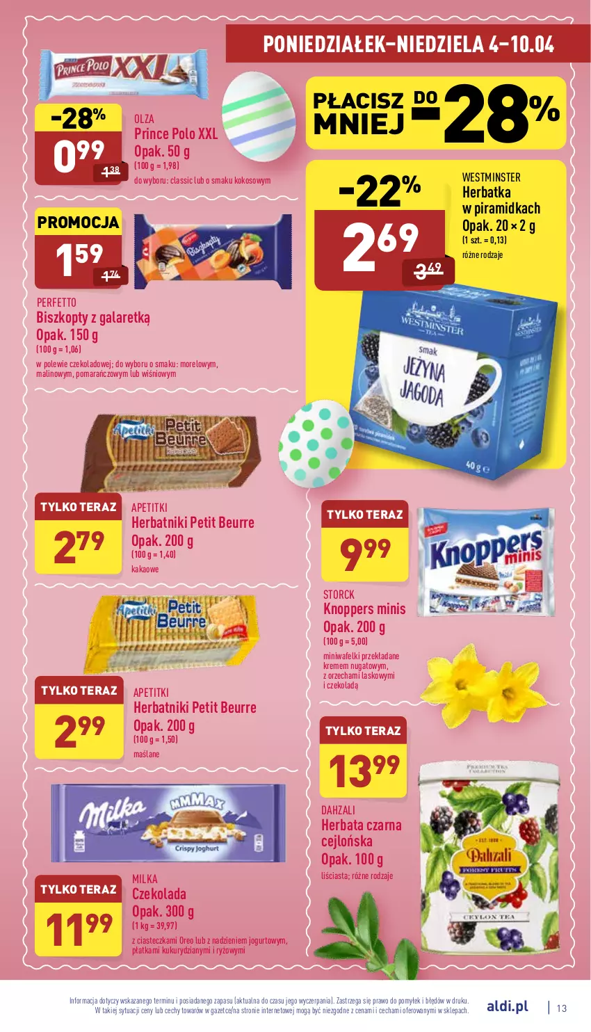 Gazetka promocyjna Aldi - Katalog spożywczy - ważna 04.04 do 10.04.2022 - strona 13 - produkty: Biszkopty, Czekolada, Gala, Herbata, Herbata czarna, Herbatniki, Herbatniki Petit Beurre, Jogurt, Kakao, Knoppers, Kokos, Milka, Oreo, Prince Polo, Ryż, Tera