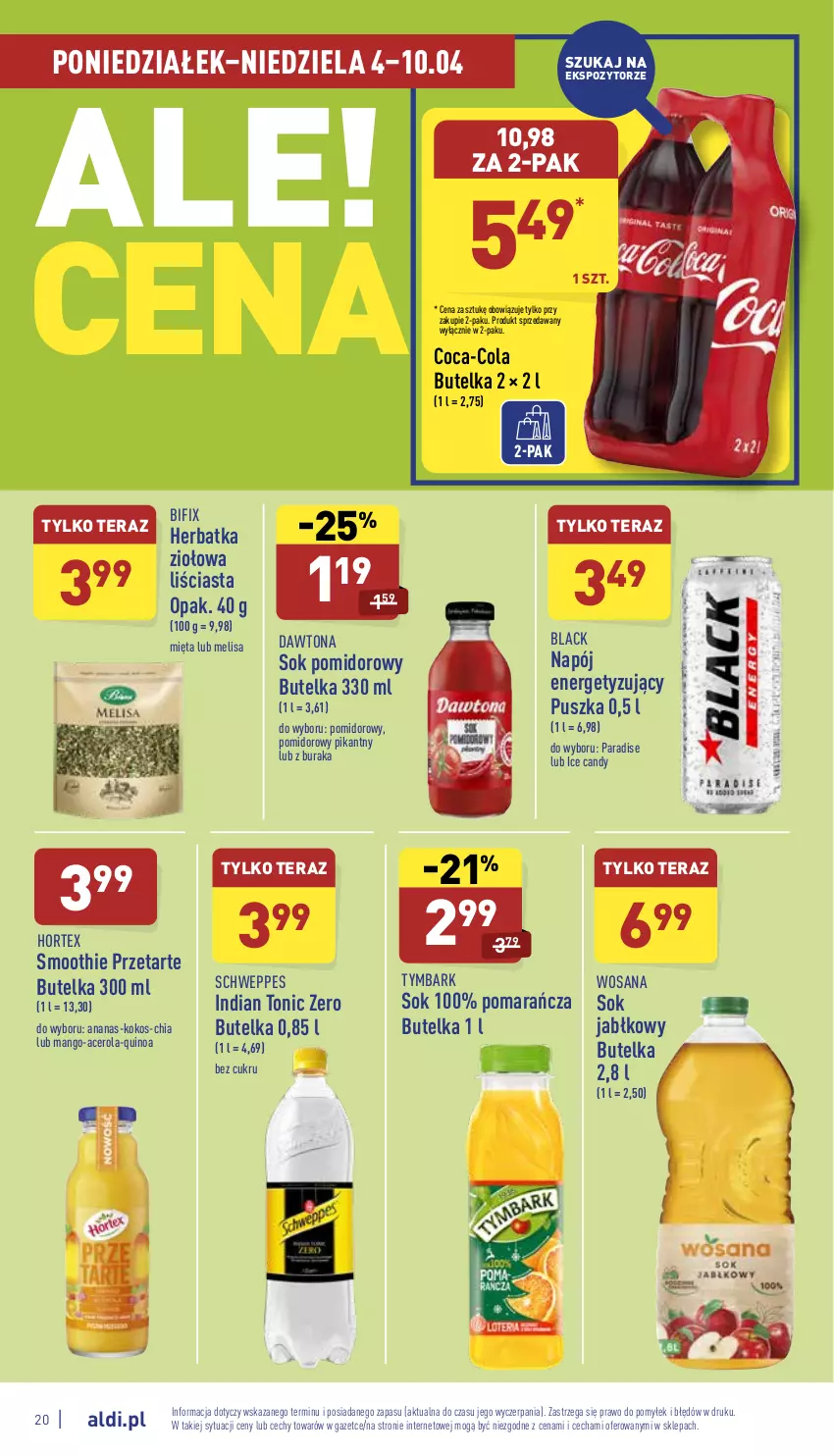 Gazetka promocyjna Aldi - Katalog spożywczy - ważna 04.04 do 10.04.2022 - strona 20 - produkty: Acer, Ananas, Candy, Chia, Coca-Cola, Dawtona, Hortex, Kokos, Lack, Mango, Mięta, Napój, Quinoa, Schweppes, Smoothie, Sok, Sok jabłkowy, Sok pomidorowy, Tera, Tymbark, Wosana